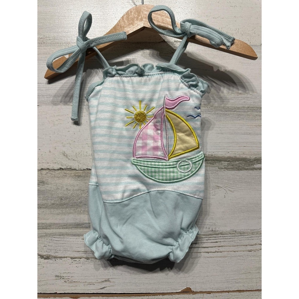 Abby & Evie Sailboat Romper Baby Girl 3M Blue Striped Nautical Sun EUC